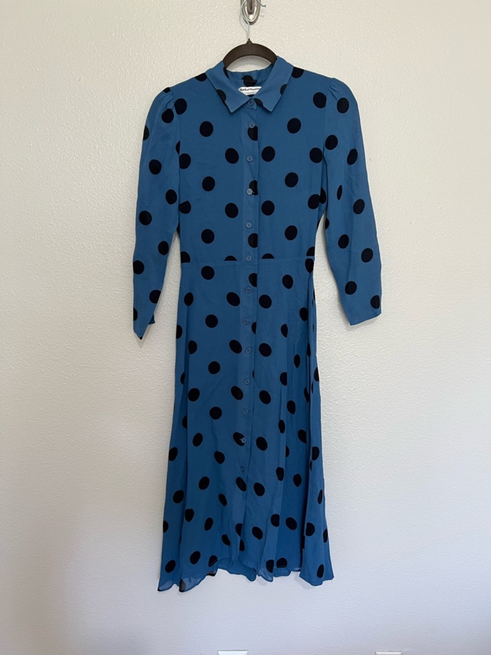 Reformation Blue Midi Shirt Dress with Black Polka Dots